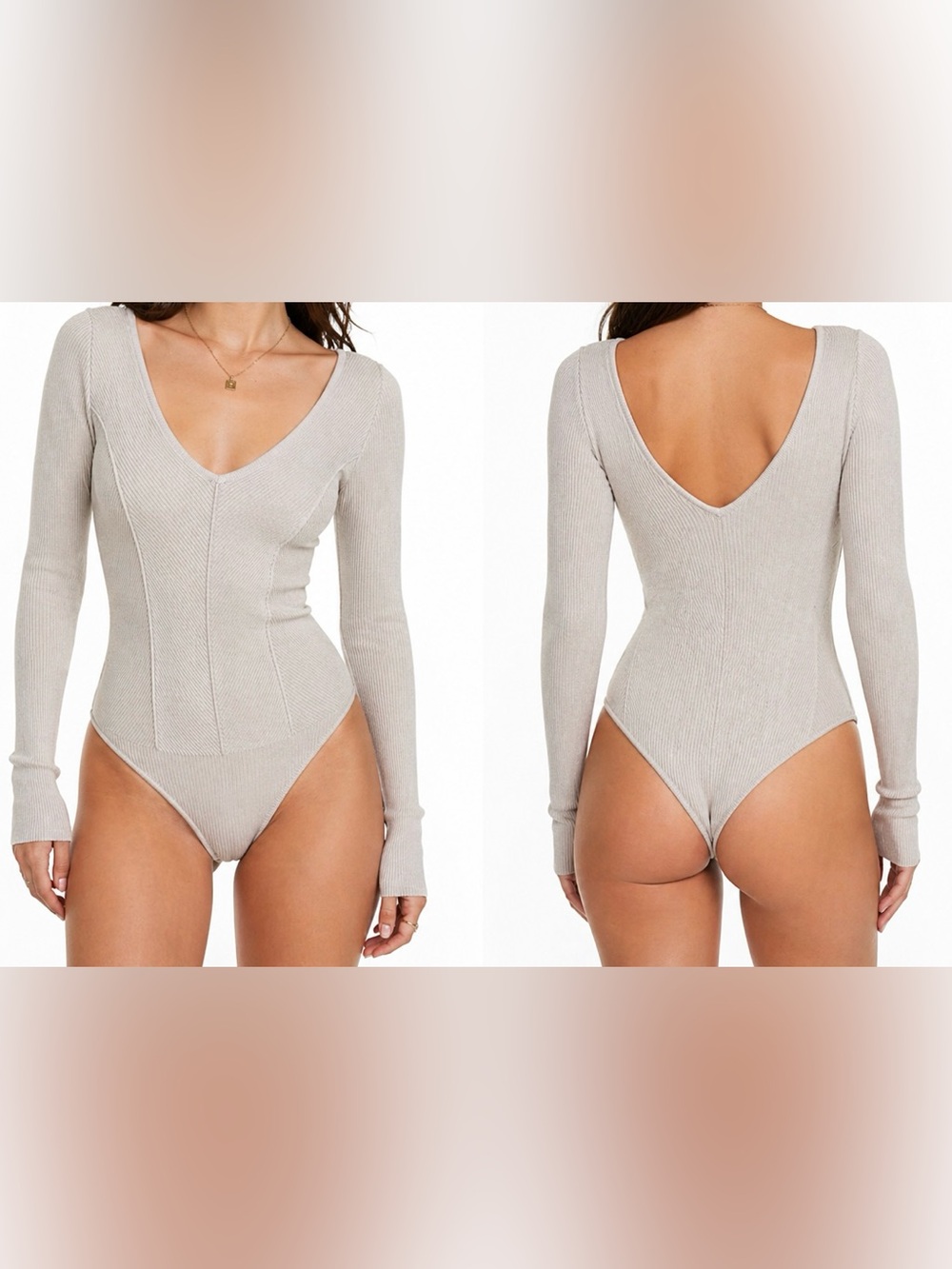 Abercrombie & Fitch Ribbed V-Neck Knit Bodysuit Neutral Size Small